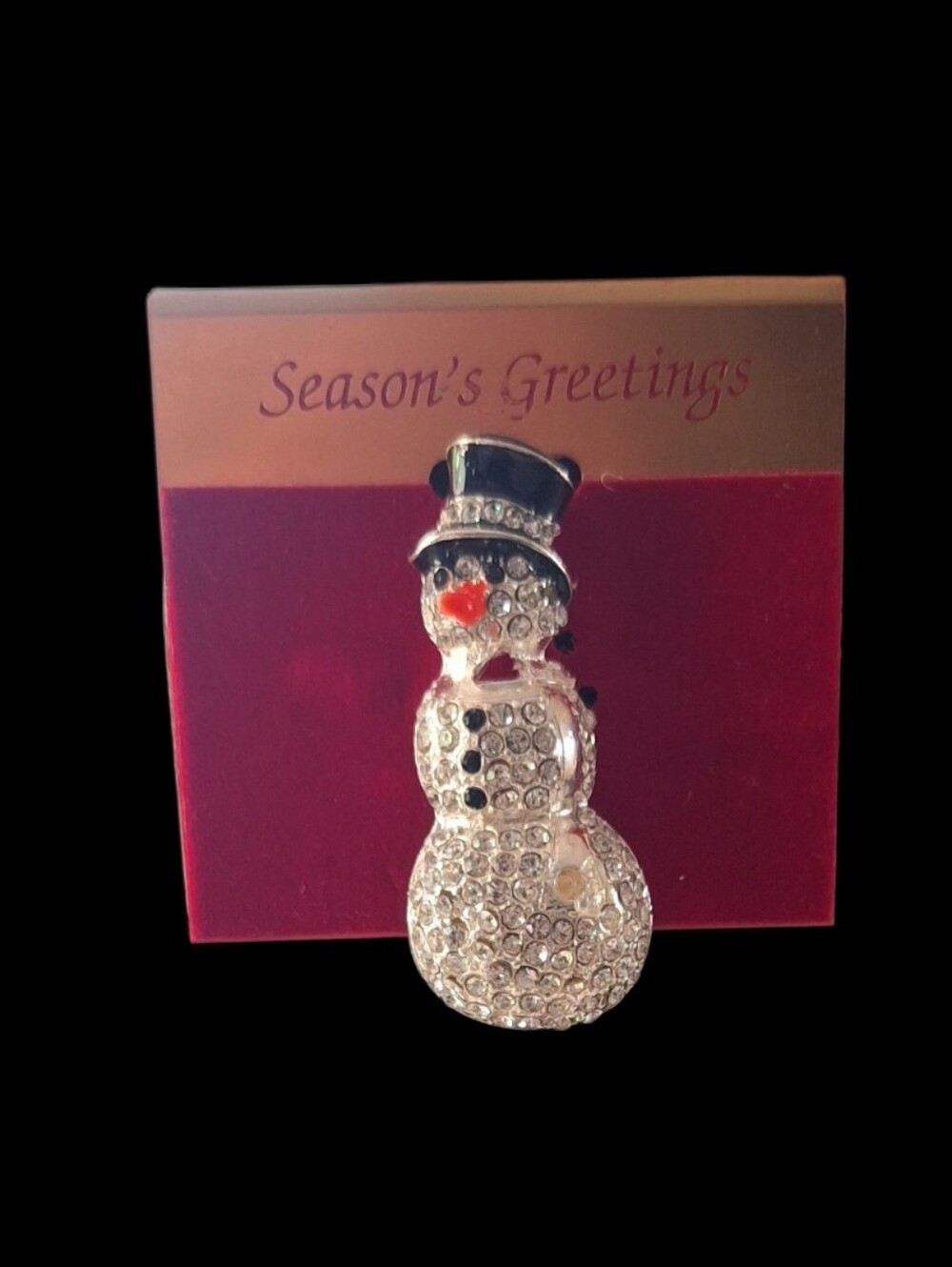 Crystal Snowman Holiday Brooch - Clear and Black with Red Accent